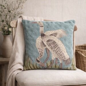Heron Folk Art Embroidered Pillow Cover Cottagecore Crewel Bird Textile